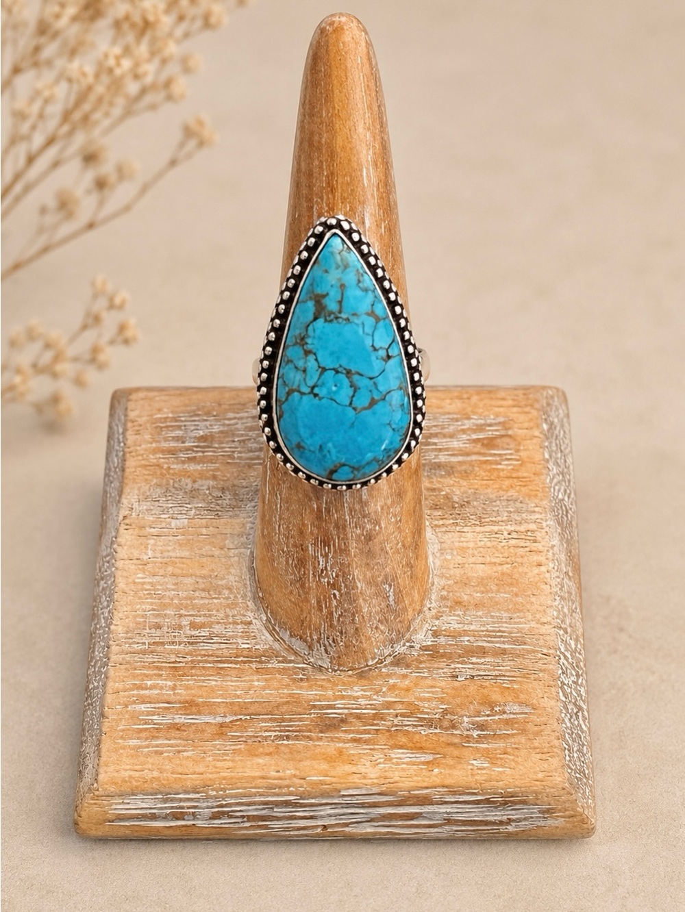 Teardrop Natural Turquoise Sterling Silver Ring Sz 6.5